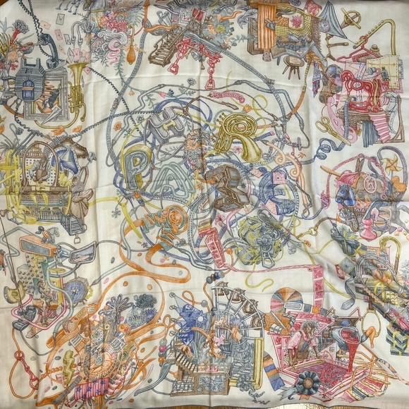 HERMES Le Monde d’Hermès shawl scarf 140cm Blanc/ Rose/ Multicolore - Picture 2 of 6